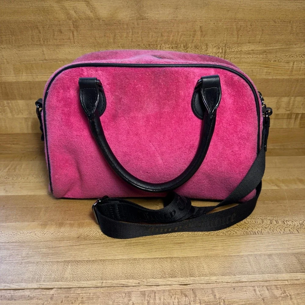 Juicy Couture Hot Pink Velour Bowler Bag Crossbody Y2K Logo Satchel Handbag